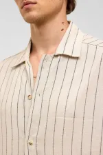 Oversize Uzun Kollu Çizgili Keten Gömlek Siyah