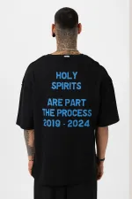 Arka Yazı Baskılı Oversize Triko Tişört Siyah