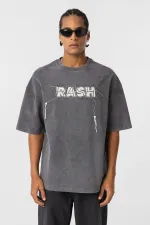 Yıkamalı Oversize Baskılı Tişört Füme