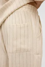 Oversize Çizgili Keten Şort Vizon