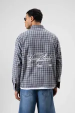 Oversize Kareli Arka Baskılı Uzun Kol Gömlek Gri-Lacivert