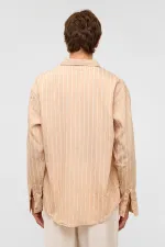 Oversize Çizgili Uzun Kol Gömlek Bej