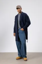 Kemerli Oversize Kaşe Kaban Lacivert