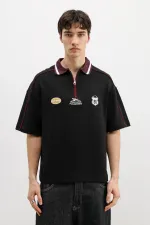 Fermuarlı Yaka Baskılı Oversize Tişört Siyah