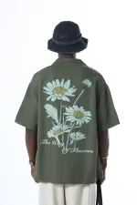 Chemise kaki délavée, oversize, imprimée au dos, manches courtes, sans poches