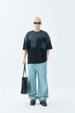 Washed Oversize T-Shirt with Pocket Detail, Black