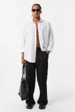 Basic Oversize Pamuk Keten Gömlek Beyaz Basic Oversize Pamuk Keten Gömlek Beyaz