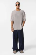 Yıkamalı Arka Baskılı Oversize Tişört Taş