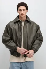 Blouson aviateur oversize en cuir kaki