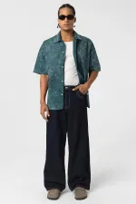 Yıkamalı Yazı Baskılı Oversize Kısa Kol Gömlek Nefti