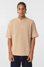 Basic Oversize Button Collar T-Shirt Stone