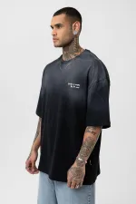 Yıkamalı Yazı Detaylı Oversize Tişört Siyah