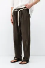 Kemer Detaylı Oversize Keten Pantolon Kahve