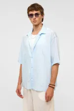 Oversize Çizgili Kısa Kollu Modal Kumaş Gömlek Bebe Mavi