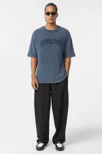 Yıkamalı Oversize Baskılı Tişört İndigo