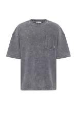 Yıkamalı Cep Detaylı Oversize Tişört Açık Füme