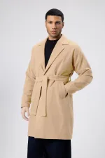 Kemerli Oversize Kaşe Kaban Bej