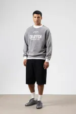 Oversize Bisiklet Yaka Baskılı Sweatshirt Gri