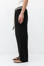 Kemer Detaylı Oversize Keten Pantolon Siyah