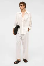 Oversize Çizgili Uzun Kollu Keten Gömlek Ekru