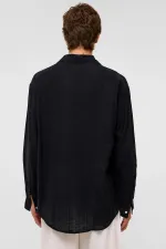 Oversize Çizgili Uzun Kollu Keten Gömlek Siyah