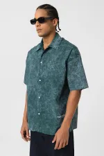 Yıkamalı Yazı Baskılı Oversize Kısa Kol Gömlek Nefti