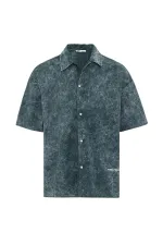 Yıkamalı Yazı Baskılı Oversize Kısa Kol Gömlek Nefti