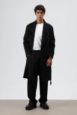 Oversize Kruvaze Kaşe Kaban Siyah