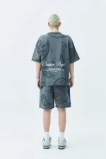 Oversize Desenli Şort Tişört Takım Koyu Füme