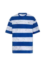 Yıkamalı Şeritli Oversize Tişört Mavi - Beyaz