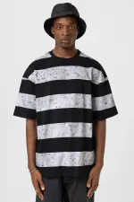 Yıkamalı Şeritli Oversize Tişört Siyah - Beyaz