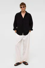 Chemise oversize à manches longues en modal, noire