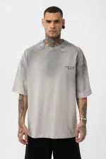 Yıkamalı Yazı Detaylı Oversize Tişört Gri