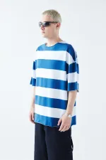 Dijital Baskılı Şeritli %100 Pamuk Oversize Tişört Saks