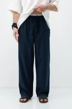 Bel Lastikli Baggy Fit Keten Pantolon Lacivert