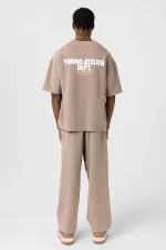 Label Detailed Oversize Modal Fabric Tracksuit Set Mink