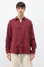 Dokulu Keten Görünümlü Oversize Gömlek Bordo