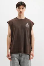 Baskılı Kolsuz Oversize Tişört Kahve