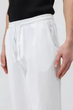 Bel Lastikli Baggy Fit Keten Pantolon Beyaz