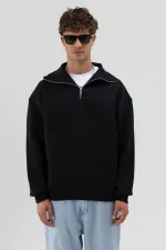 Sweat-shirt noir basique à fermeture éclair et col montant