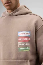 Oversize Yıkamalı Baskılı Kapüşonlu Sweatshirt Vizon