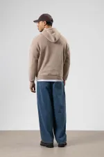 Oversize Yıkamalı Baskılı Kapüşonlu Sweatshirt Vizon