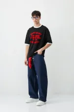 Baskılı Bisiklet Yaka Oversize Tişört Siyah