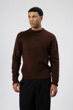 Oversize Yumuşak Dokulu Bisiklet Yaka Kazak Kahve