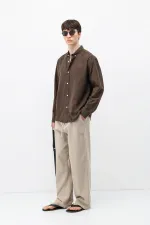 Basic Oversize Pamuk  Keten Gömlek Kahve