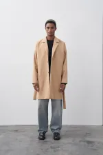 Kemerli Oversize Kaşe Kaban Vizon