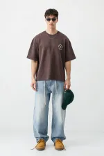 Kısa Kollu Boxy Fit Baskılı Tişört Kahve