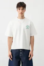 Kısa Kollu Boxy Fit Baskılı Tişört Ekru