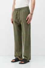 Pantalon ample en lin kaki avec taille élastique