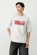 Yıkamalı Baskılı Oversize Tişört Açık Gri